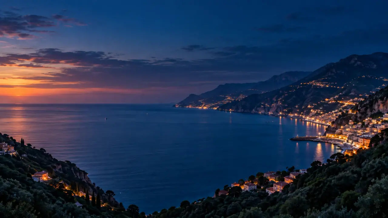 Coastal destination at dusk