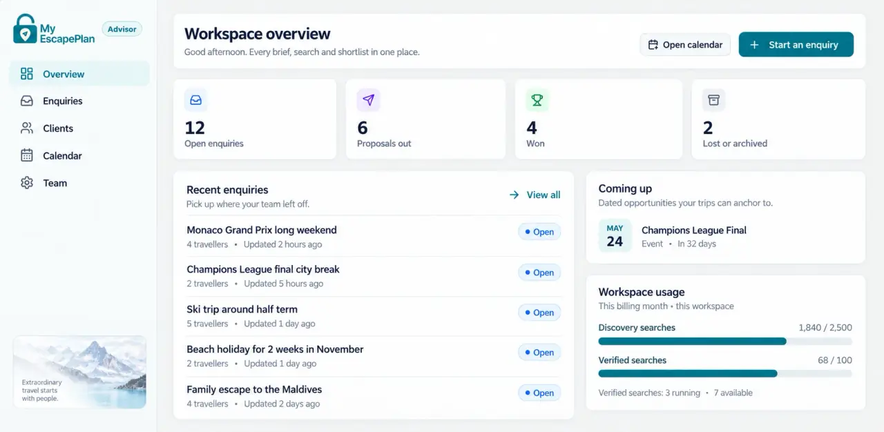 MyEscapePlan Advisor enquiry and trip ideas workspace