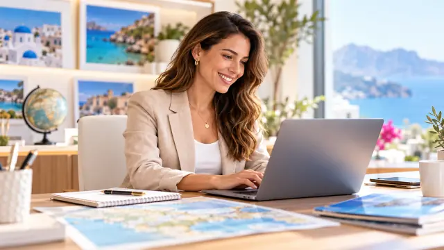 Travel advisor researching trip options for a client on a laptop