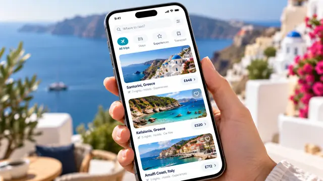 Travel app on a phone asking where the traveller would like to go